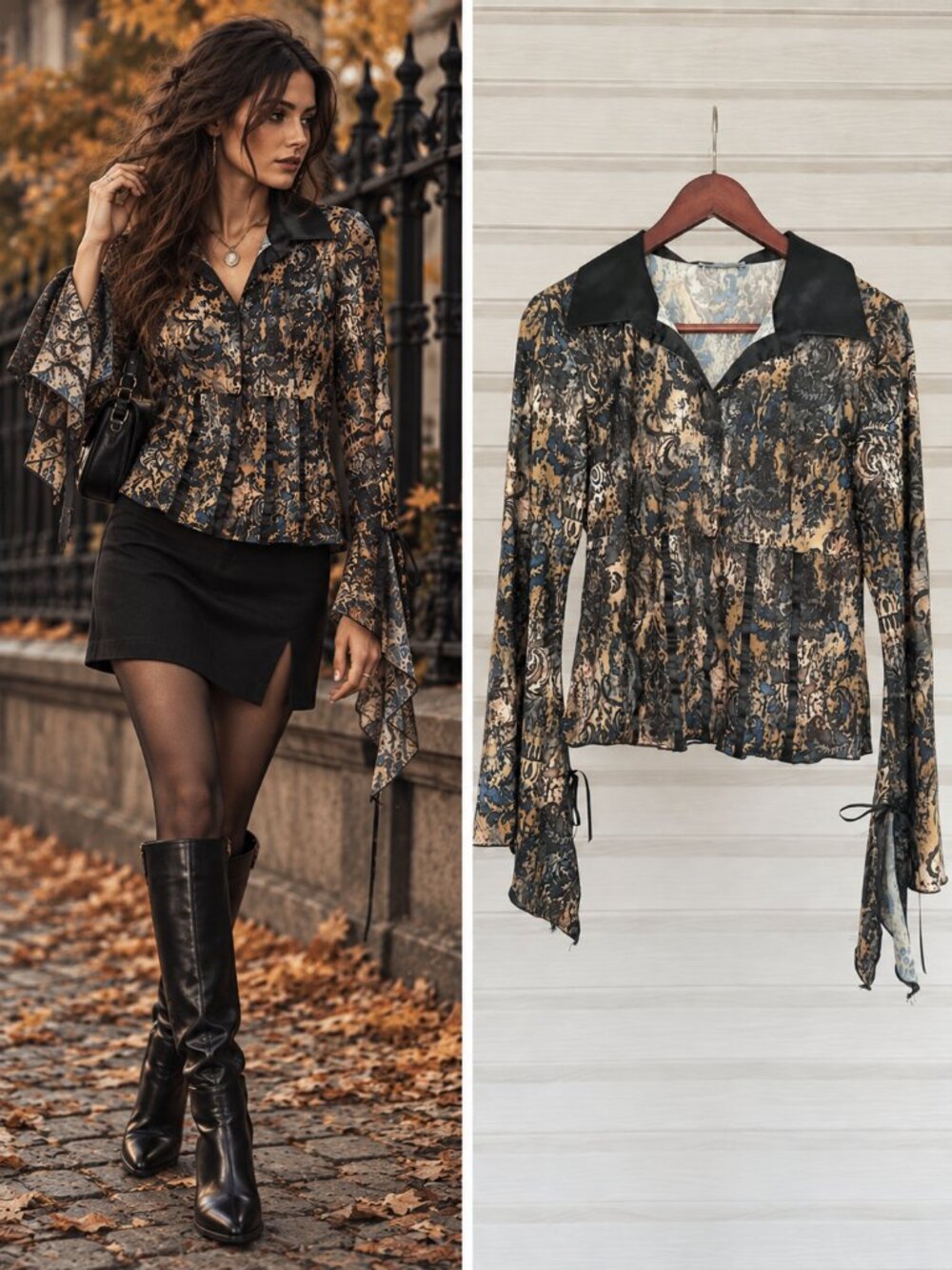 Marie Claire Black Navy Gold Whimsigoth Floral Blouse Flared Sleeve Small
